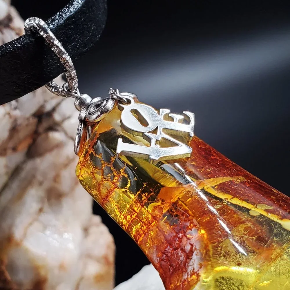 Amber Jewelry Genuine Amber LOVE Large Pendant Leather Necklace Designer Choker